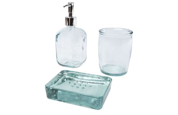 Jabony 3-teiliges Badezimmer-Set aus recyceltem Glas - transparent klar 