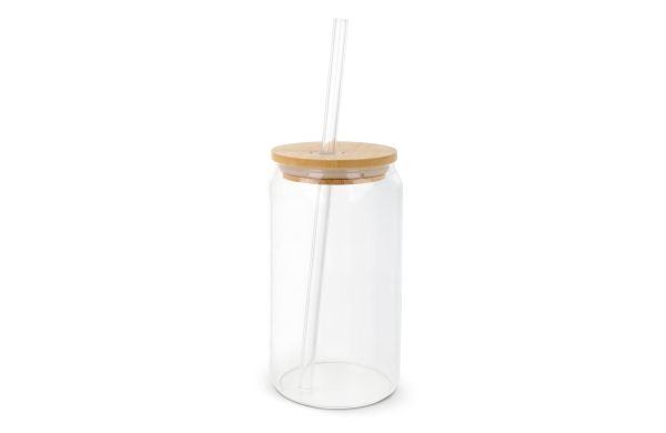 Glas mit Bambusdeckel & Strohhalm 450ml, transparent