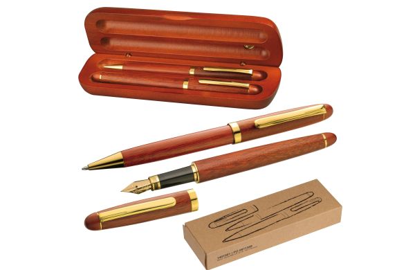 Holz Schreibset mit Kugelschreiber und Füllfederhalter - braun