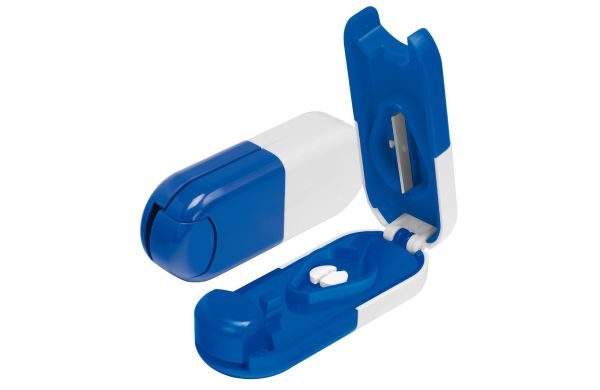 Pillendose Tablettenform_ weiss_ blau