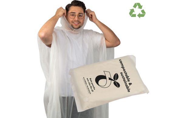 Regenponcho aus PLA in einer Tragetasche - kompostierbar - transparent