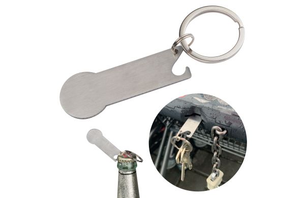 Schlüsselanhänger mit Einkaufschip und Flaschenöffner