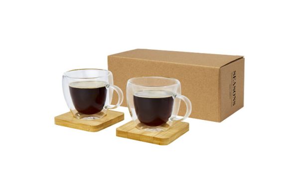 Manti 2-teiliger 100 ml doppelwandiger Glasbecher mit Bambusuntersetzer - transparent, natural 