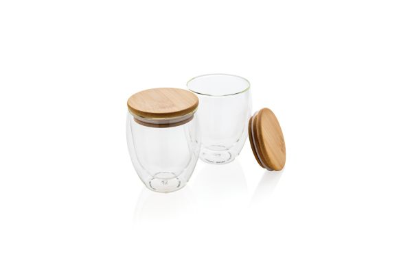 2-tlg set borosilikatglaeser mit bambusdeckel 250ml transparent