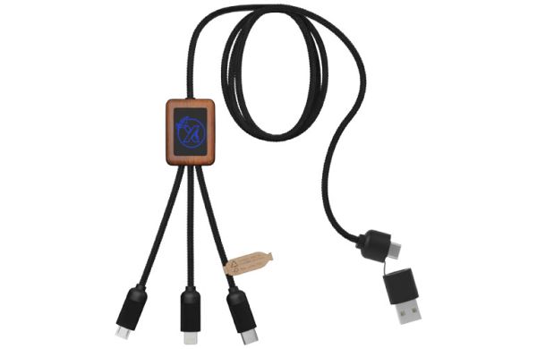 SCX.design C38 5-in-1 Ladekabel aus rPET in quadratischem Bambusgehäuse mit Leuchtlogo - blau, holz 