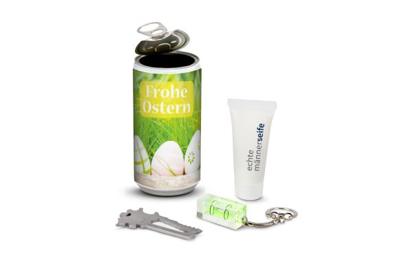 Geschenkset / Präsenteset: Männer-Geheimnis Ostern, das Nest in der Dose - Etikett Frohe Ostern - EierWiese