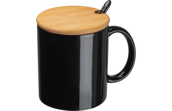 Keramiktasse mit Löffel und Bambusdeckel - schwarz