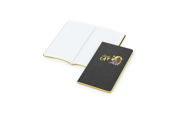 Notizbuch Tablet-Book Farbschnitt Naturkarton-Softcover schwarz - 94x152 mm, kariert, Siebdruck-Digital