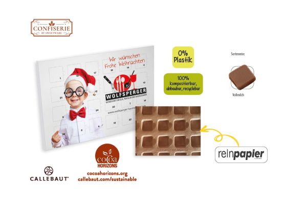 Tisch Adventskalender aus Reinpapier ind_ bedruckt_ Callebaut Vollmilch Schokolade Kalender_ ca_ 48 g