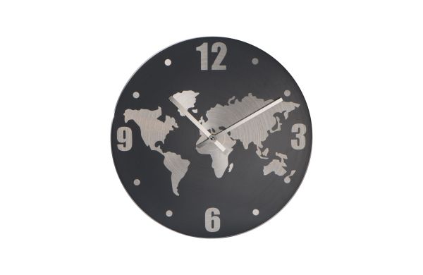 Wanduhr aus Aluminium mit Weltkarte in Hintergrund - silbergrau