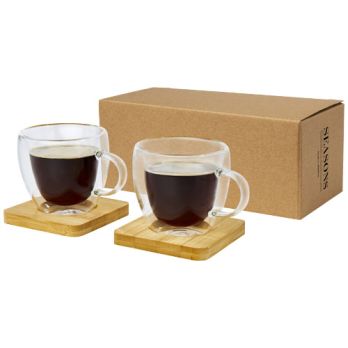 Manti 2-teiliger doppelwandiger Glasbecher mit Bambusuntersetzer