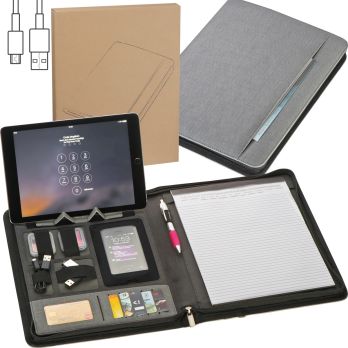 A4 Schreibmappe aus Kunstleder mit integrierter Powerbank